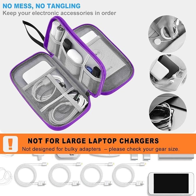 ZINMARK Portable Cable Organizer Case,Travel Pouch with Double-Layer Storage for Cables,Chargers,Earbuds & Phone,Black Purple– Small Size