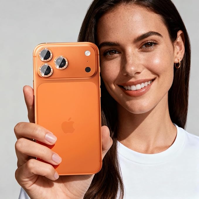 Compatible for iPhone 17/17 Pro/iPhone 17 Pro Max Camera Lens Protector Bling, Cute Sparkle Glitter Camera Cover for Women, Individual Ring, Anti-Scratch (3 Protectors + 1 Extra), Orange