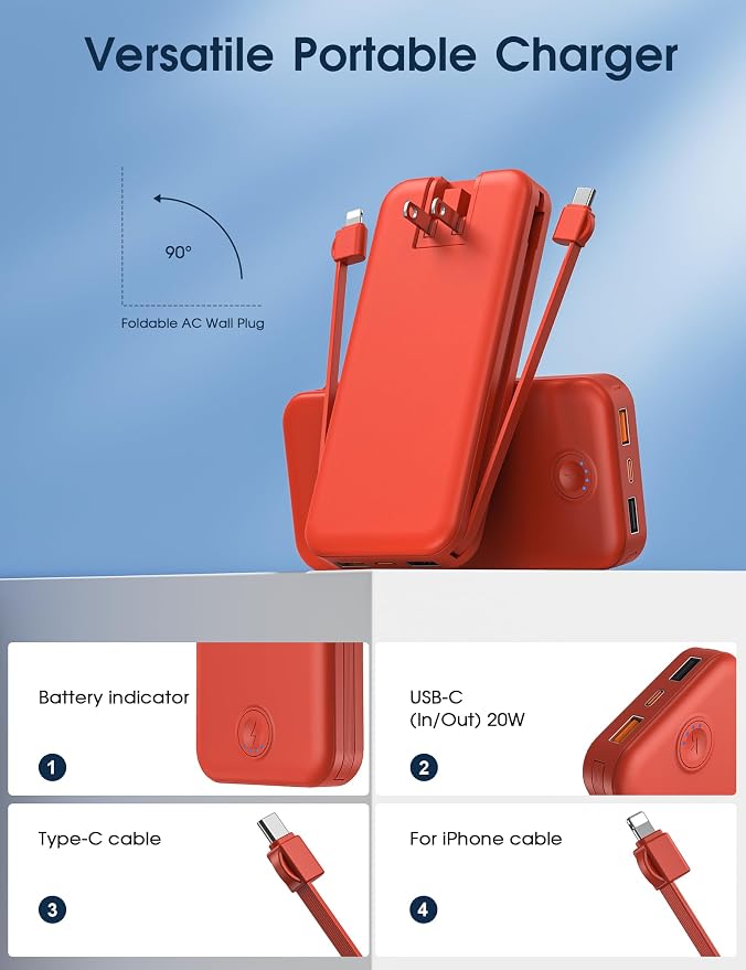 Nusyddy Portable Charger 10000mAh PD20W w/Built-in Cables & Wall Plug Red | PD20W Fast Charging, Battery Indicator, Pass Through Charging, TSA Approved, Compact/Slim, Power Bank for iPhone/iPad/Samsung