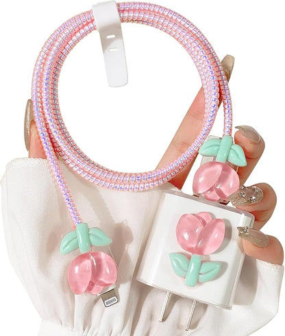 Lovmooful Compatible for iPhone 18W/20W USB-C Charger Cover Clear Lovely 3D Flower Floral Design Soft Charger Protector Cute Cable Case Saver Protector for Girls Women-Pink Tulip
