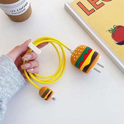 Compatible with Apple 20W/18W USB-C Adapter Charger, 3D Cartoon Protective Case for iPhone 20W USB-C Power Adapter Charger Fast Lightning Cable Cable Cover (Hamburger)