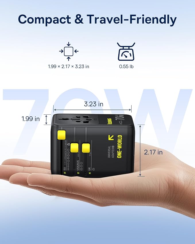 Baseus 70W Universal Travel Adapter, 6-in-1 International Plug Adapter with Retractable Cable, USB-C PD Fast Charging Worldwide Wall Charger for USA/EU/UK/AUS and Over 200 Countries - Enercore CG11