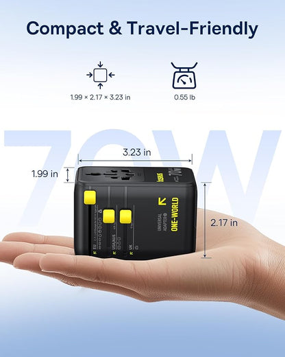 Baseus 70W Universal Travel Adapter, 6-in-1 International Plug Adapter with Retractable Cable, USB-C PD Fast Charging Worldwide Wall Charger for USA/EU/UK/AUS and Over 200 Countries - Enercore CG11