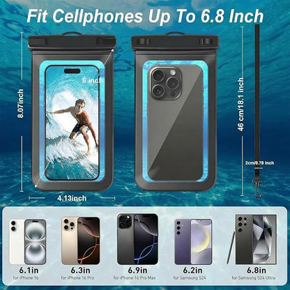 [2 Pack Waterproof Phone Case, Universal Dry Bag for iPhone 15/14/13/12 Pro Max, IPX8 Waterproof Pouch, Cruise Ship & Beach Essentials, Black & Green - 6.8"
