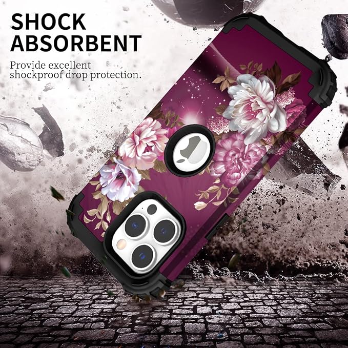 Hocase for iPhone 14 Pro Max Case, Heavy Duty Shockproof Protection Soft Silicone Rubber+Hard Plastic Bumpers Hybrid Protective Case for iPhone 14 Pro Max 2022 - Royal Purple Flowers