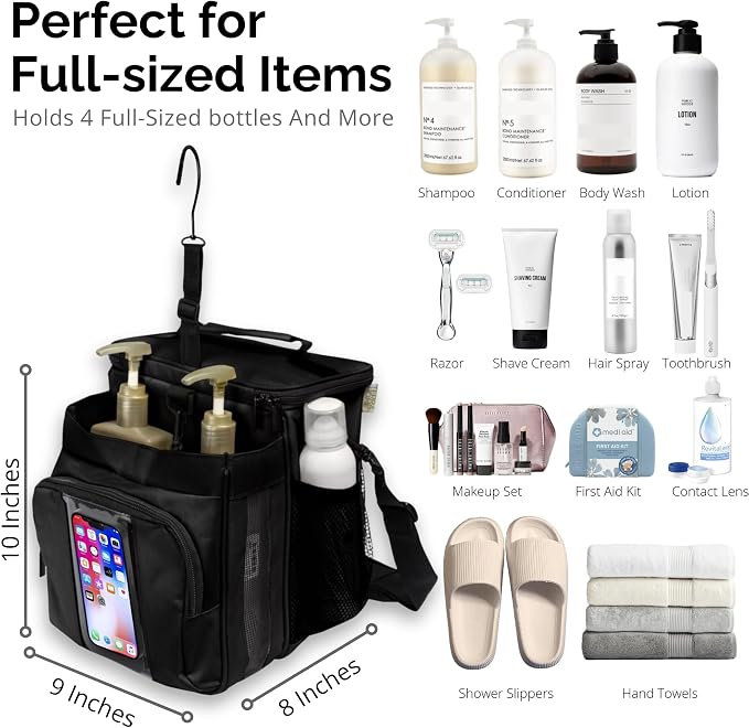 TERRA HOME Portable XL Shower Caddy Bag - College Dorm Room Essentials for Men, Women, Students - Foldable, Water Resistant with Hanging Keychain Hook and Shoulder Strap Shower Organizer Bag (Black)