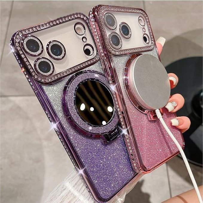 for iPhone 17 Pro Magnetic Case, [Compatible with Magsafe] Kickstand Shockproof Glitter Girls Woman Cute Bling Cover Makeup Mirror Ring Holder with Camera Protector for iPhone 17 Pro, Purple