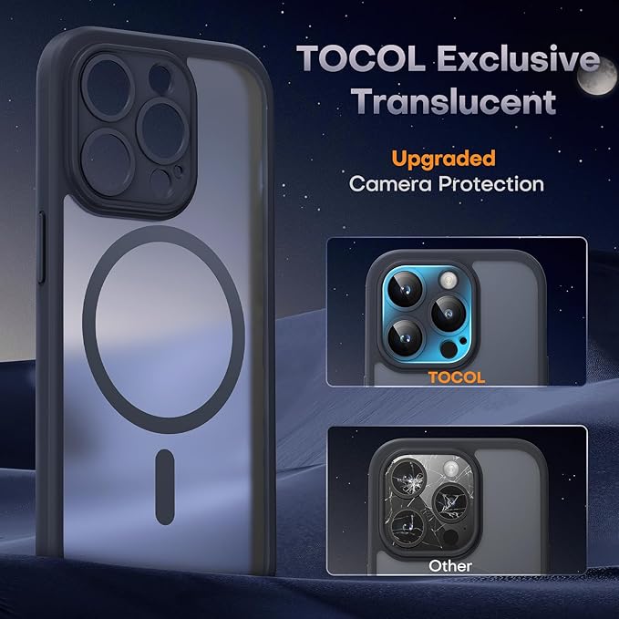 TOCOL Magnetic for iPhone 15 Pro Case, Upgraded Full Camera Protection, Compatible with Magsafe, Drop Protection, Translucent Matte Back Phone Cover 6.1-Inch (Black)
