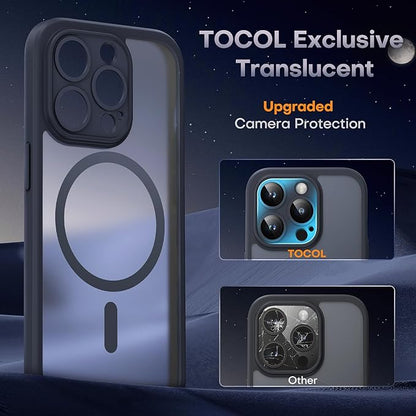 TOCOL Magnetic for iPhone 15 Pro Case, Upgraded Full Camera Protection, Compatible with Magsafe, Drop Protection, Translucent Matte Back Phone Cover 6.1-Inch (Black)