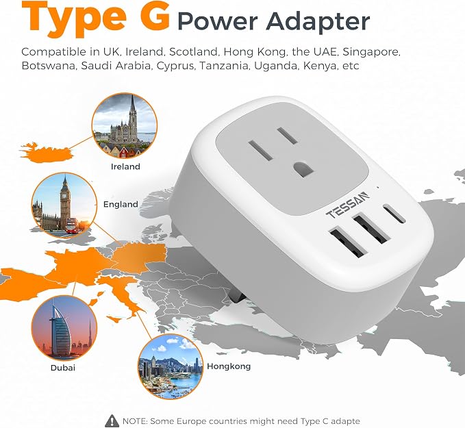 TESSAN US to UK Plug Adapter, Type‑G Adaptor 3‑Pack | 3 USB Ports (1 USB‑C), for Ireland Scotland Dubai Hong Kong Kenya London England