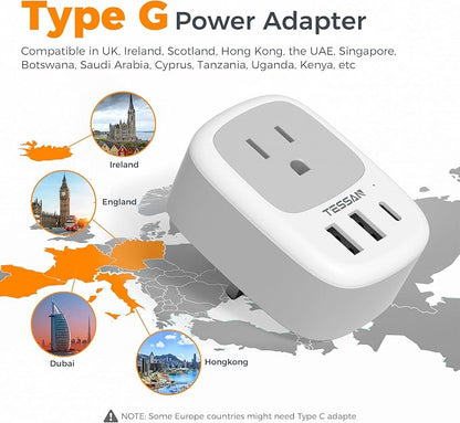 TESSAN US to UK Plug Adapter, Type‑G Adaptor 3‑Pack | 3 USB Ports (1 USB‑C), for Ireland Scotland Dubai Hong Kong Kenya London England