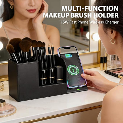 LADSTAG Makeup Brush Holder Organizer, Leather Makeup Brush Cup with Phone Charging Stand for Cosmetics, Nail Polish, Lipstick & Art Supplies – Vanity Desktop Bathroom Organizer