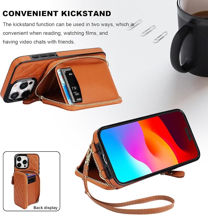 Bocasal Crossbody Wallet Case for iPhone 15 Pro Max, RFID Blocking PU Leather Zipper Handbag Purse Flip Cover, Kickstand Folio Case with Card Slots Holder Wrist Strap Lanyard 5G 6.7 Inch (Brown)