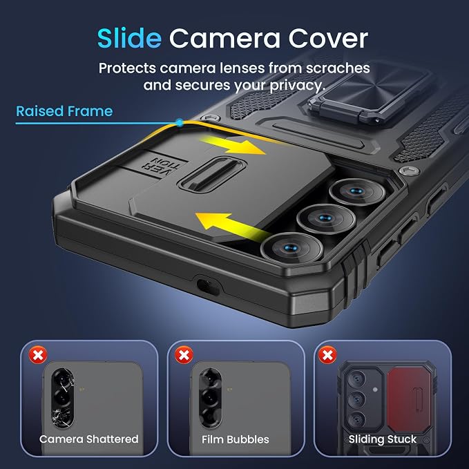 Caka for Samsung Galaxy S25 FE Case [HD Screen Protector] [Full Camera Lens Cover] [360°Rotated Kickstand Ring] [Heavy Duty Protection] Hard Rugged Protective Phone Cover for S25 FE - Black