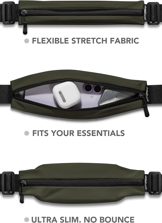 Fitgriff® Running Belt V2 for Men & Women - Slim Fanny Pack, Phone Holder for Jogging, (Fits All Cell Phones) - Money Belt, Runners Waist Pouch (Army Green, One Size (Waist 24.4 – 43.3 inches))
