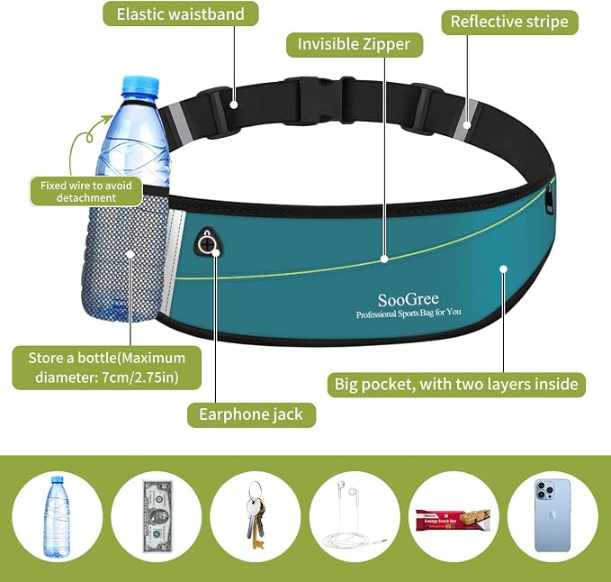 SooGree Slim Running Belt Fanny Packs for Women Men,Water Bottle Holder Hydration Fanny Pouch,Waterproof Sport Waist Pack with Reflective Strip,Runner Belt Bag for Running Cycling Camping Gym (Blue)