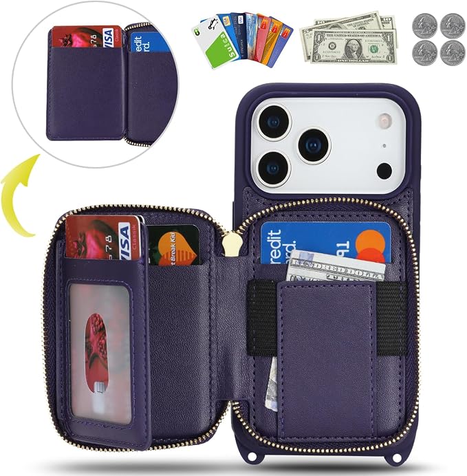 Crossbody Wallet Case for iPhone 17 Pro, PU Leather Zipper Handbag Purse Flip Cover, Kickstand Folio Case with Card Slots Holder Wrist Strap Lanyard 5G 6.3 Inch-Purple