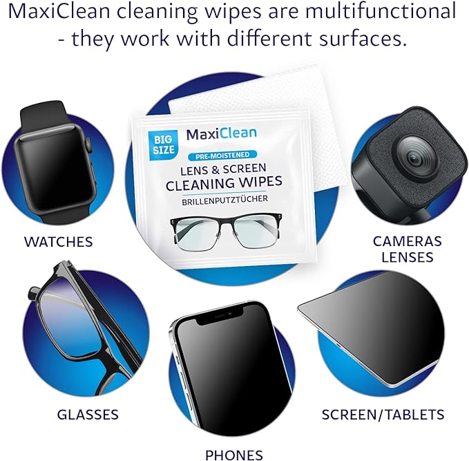 Glasses Wipes Lens Cleaner - Lens Wipes for Eyeglasses - 400 Pre-moistened Individually Wrapped Wipes for Eye Glasses, Electronics, Phone, Computer, Laptop Screen - Camera Lens Cleaner - Made in EU