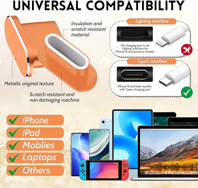 Mobile Phone Speaker Metal Dust Mesh, typeC Charging Port dust Plug, USB C Cleaning Brush Cleaning Tool Set for iPhone 17 Pro (Cosmic Orange)