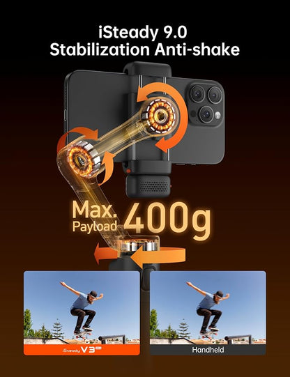Hohem iSteady V3 Ultra Gimbal Stabilizer for iPhone, AI Tracker with Light, 1.22" Full-color Touchscreen Remote Control, Built-In Extension Rod & Tripod, 360° Infinite Tracking, Video Recording, Black