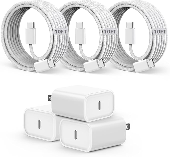 USB C Charger Fast Charging for iPhone 17,3Pack 20W Type C Fast Charging Block with 10FT Extra Long USB C-C Woven Cable Charger Compatible with iPhone Air/17/16/15 Pro Max,iPad Pro/Air/Mini,AirPods