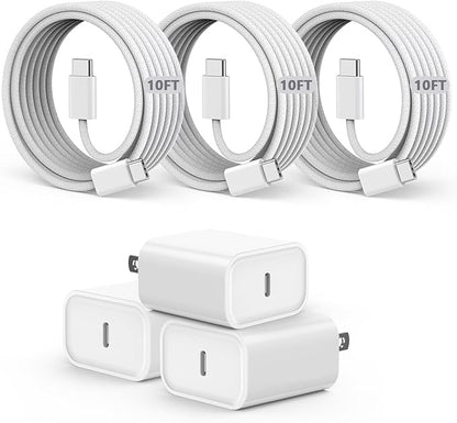 USB C Charger Fast Charging for iPhone 17,3Pack 20W Type C Fast Charging Block with 10FT Extra Long USB C-C Woven Cable Charger Compatible with iPhone Air/17/16/15 Pro Max,iPad Pro/Air/Mini,AirPods