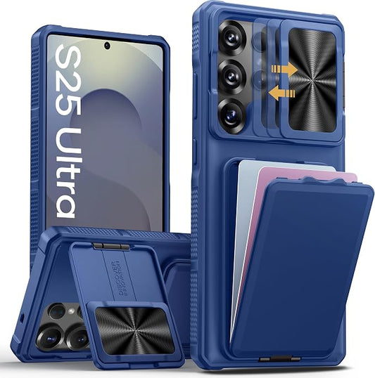SSLOTSCASE for Samsung Galaxy S25 Ultra Case with Stand & Credit Card Holder & Sliding Camera Cover, Full-Body Drop Proof TPU Soft Silicone Edge Protective Case Cover for Galaxy S25 Ultra 6.9‘’, Blue