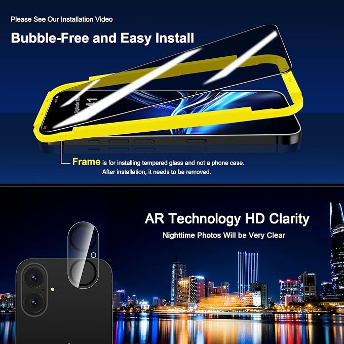 QHOHQ for iPhone 16 Privacy Screen Protector + Camera Lens Protector, [Military Grade Shatterproof], Top 9H+ Anti Spy Glass, Full Edge Coverage, Ultra Durable, with Easy Installation Tool [3+3 Pack]