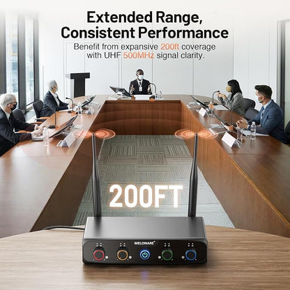 4-Channel Wireless Conference Microphone System, UHF Compact Cordless Mic Set w/ 4x10 Frequencies, 200ft Range, 4 Gooseneck Mics for Lecture, Church, Conference, Public Speaking (MWM-41-4G)