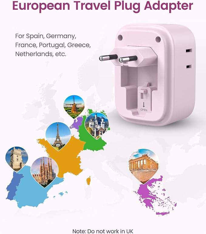 LENCENT European Travel Plug Adapter US to Europe Type-C Foldable Plug | with 4 Outlets 4 USB Ports (2 USB C), Power Adaptor for USA to EU Euro Iceland Spain Italy France Germany Greece, Pink