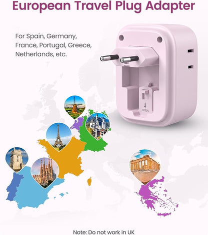 LENCENT European Travel Plug Adapter US to Europe Type-C Foldable Plug | with 4 Outlets 4 USB Ports (2 USB C), Power Adaptor for USA to EU Euro Iceland Spain Italy France Germany Greece, Pink