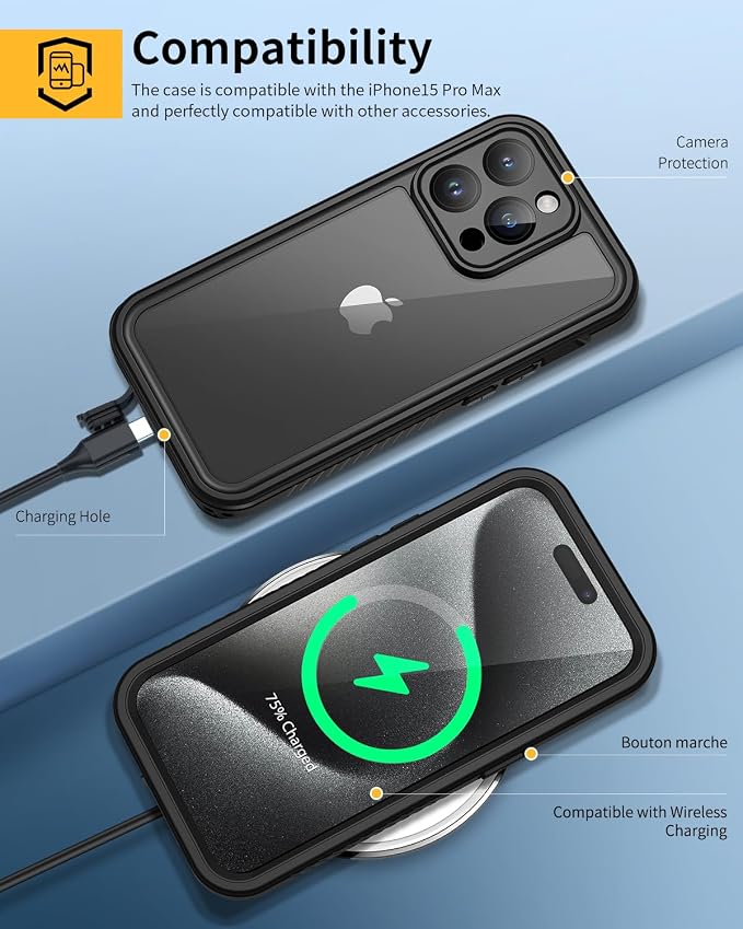 Lanhiem for iPhone 15 Pro Max Waterproof Case, Dustproof Case Built-in Screen Protector & Camera Protection, Full Body Heavy Duty Rugged Clear Phone Cover for 15 Pro Max (Black)