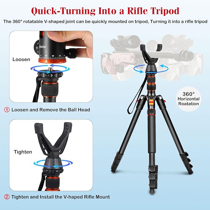 68" Ball Head Camera Tripod & Monopods, 360° Smooth Rotation V-Yoke Rifle Shooting Tripod & Hunting Stick, Heavy Duty Tripod for Camera and Outdoor Hunting with 16.5" Min Size and Carry Bag
