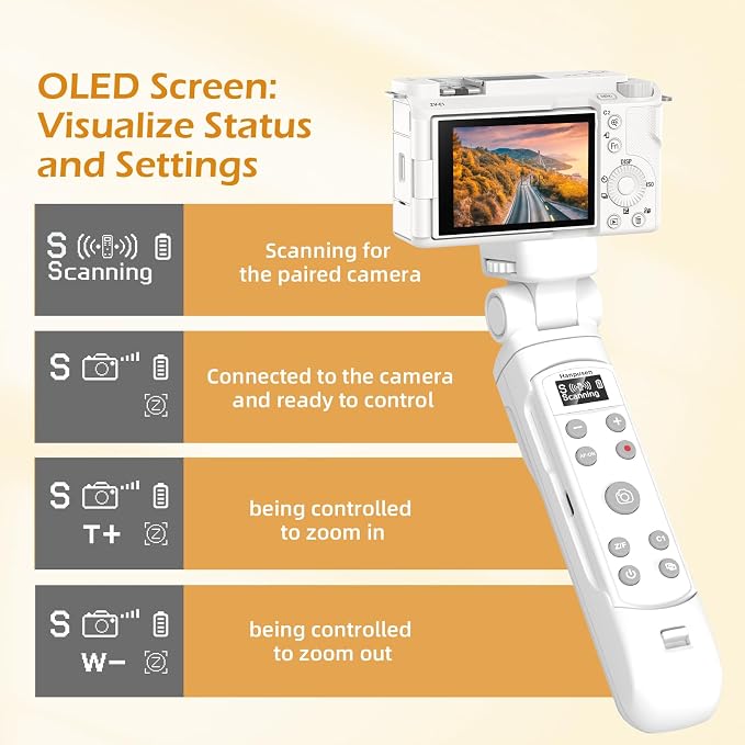 for Sony Tripod Wireless Shooting Grip with Shutter Release - Mini-Tripod with Rechargeable Remote Control for ZV-E10/ZV-E1/ZV-1/ZV-1F/RX100 VII/RX0 II/A6700/A6400/A6600/FX3/FX30, for Vlogging, White