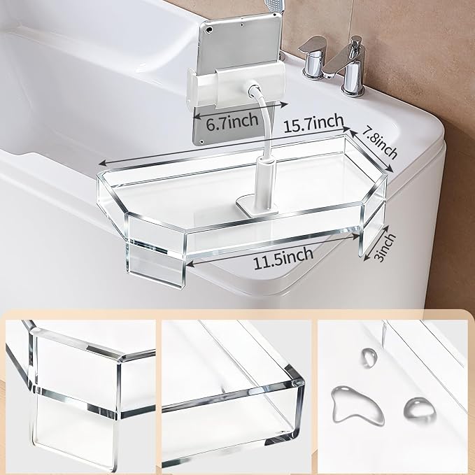 Clear Acrylic Bath Tub Tray Hot Tub Tray with Adjustable Phone&Tablet Holder, Modern Bath Table Tray for Bathtub,Spa Bath Caddy that Can Be Used as a Hot Tub Side Table,Fits Freestanding Square Tubs