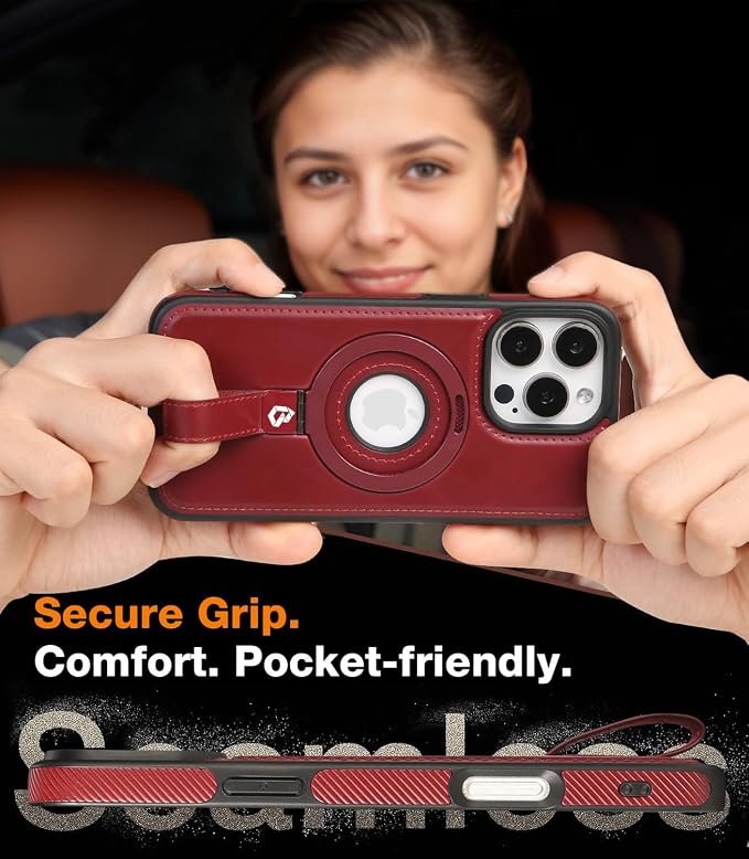 for iPhone 16 Pro Leather Case with Stand, Anti-Slip Grip Ring, Fits for MagSafe (Burgundy, iPhone 16 Pro)