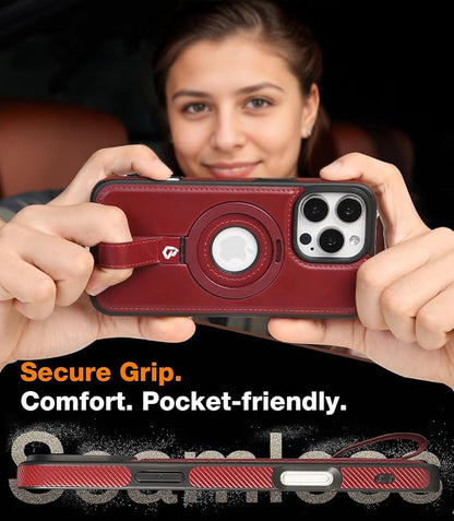 for iPhone 16 Pro Leather Case with Stand, Anti-Slip Grip Ring, Fits for MagSafe (Burgundy, iPhone 16 Pro)