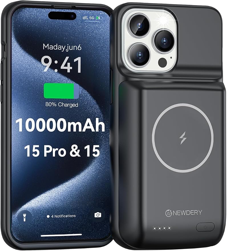 NEWDERY Battery Case for iPhone 15 Pro/iPhone 15 10000mAh, USB C Qi Wireless Charging Case, Portable Rechargeable Extended Charger Case Battery Pack - 2023 Release Black