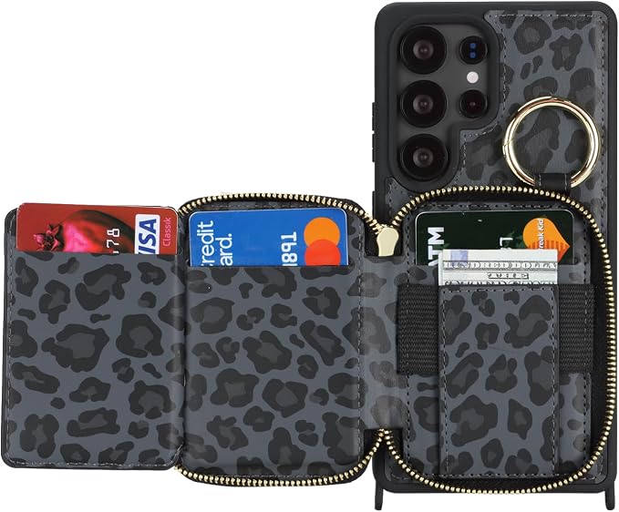 Crossbody Wallet Case for Galaxy S25 Ultra, PU Leather Zipper Handbag Purse Flip Cover, Kickstand Folio Case with Card Slots Holder Wrist Strap Lanyard -Black Leopard