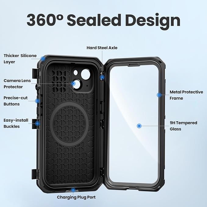 Mitywah for iPhone 14 Case with Buckle, IP68 Waterproof Military Metal Case with Built-in Screen and Camera Protector, Heavy Duty Full Body Drop Proof Shockproof Phone Cover 6.1 inch, Black