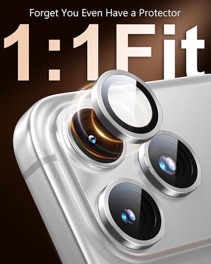 EZ-GLAZ-Camera Lens Protector for iPhone 17/16/15/14 Pro & Pro Max Series, with Aerospace-Grade Aluminum Alloy Ring, 1:1 Invisible Fit & Ultra-Clear, Military-Grade 9H+ Glass, Silver
