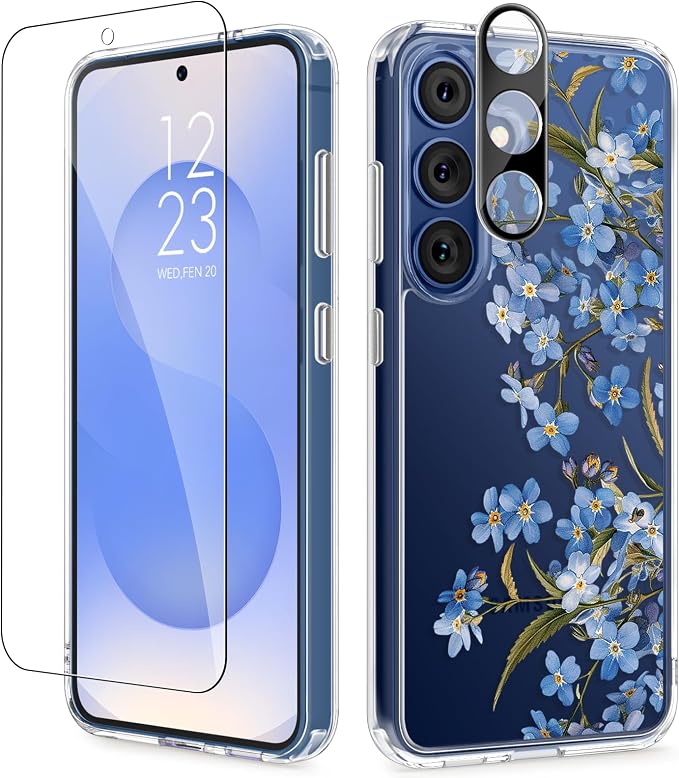 GVIEWIN for Samsung Galaxy S25 Plus Case, Clear Floral Slim Shockproof Protective Women Phone Case, Non-Yellowing, with Screen Protector & Camera Lens Protector for S25 Plus 6.7", Aconite/Blue