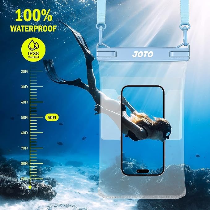 JOTO 2 Pack Large Waterproof Phone Pouch Bag, IPX8 Big Underwater Dry Bag with Lanyard for iPhone 17 Air 16 15 14 Plus Pro Max, Galaxy S24 S23 Ultra, Airpods Cash Credit Card Essentials -Black & Blue