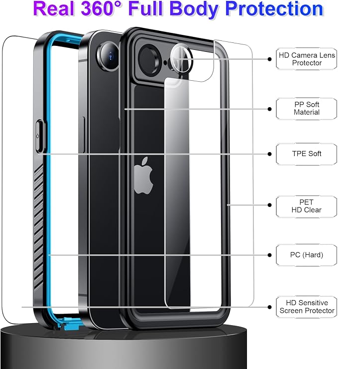 Temdan Compatible with iPhone 16e Case Waterproof, Built-in Screen & Camera Protector IP68 Underwater Full Body 16FT Military Dropproof Shockproof Phone Case for iPhone 16e 6.1"-Blue/Clear