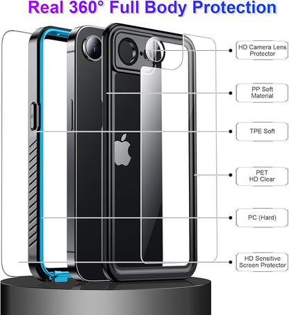 Temdan Compatible with iPhone 16e Case Waterproof, Built-in Screen & Camera Protector IP68 Underwater Full Body 16FT Military Dropproof Shockproof Phone Case for iPhone 16e 6.1"-Blue/Clear