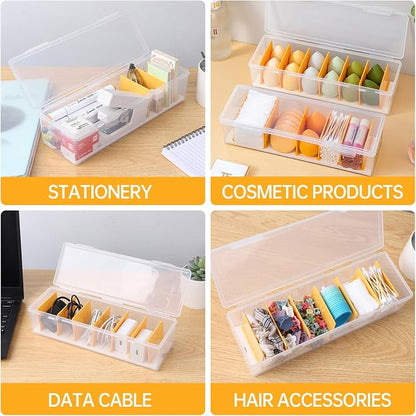 PAVSTINE Clear Cable Organizer Box with Lid and Adjustable Dividers | Customizable Compartments, Stackable for Space Saving, Fits Chargers, Cords & Accessories, Compact for Desk or Drawer