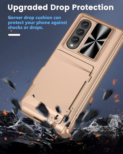 Viaotaily for Z Fold 4 Case with Card Slot Holder & Hinge Protection & Slide Camera Lens Cover & Screen Protector, Shockproof Protective Phone Case for Z Fold 4 5G 2022 (Rose Gold)