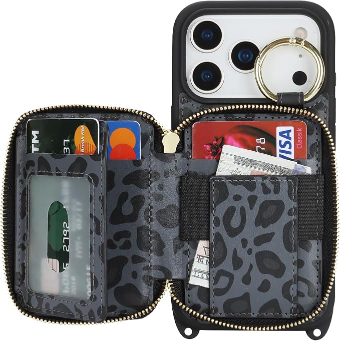 Crossbody Wallet Case for iPhone 17 Pro, PU Leather Zipper Handbag Purse Flip Cover, Kickstand Folio Case with Card Slots Holder Wrist Strap Lanyard 5G 6.3 Inch-Black Leopard