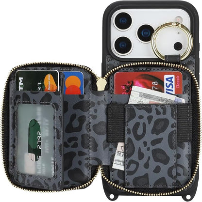 Crossbody Wallet Case for iPhone 17 Pro, PU Leather Zipper Handbag Purse Flip Cover, Kickstand Folio Case with Card Slots Holder Wrist Strap Lanyard 5G 6.3 Inch-Black Leopard