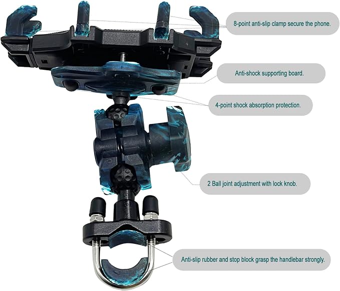 QYMOTO Motorcycle Phone Holder ATV Cell Phone Mount with Vibration Damper,Anti-Shake Sturdy for Handlebar Phone Holder ATV 4 Wheeler Dirt Bike Scooter Quad Fit 4.7"-7.1" Smart Phones 360° Rotation